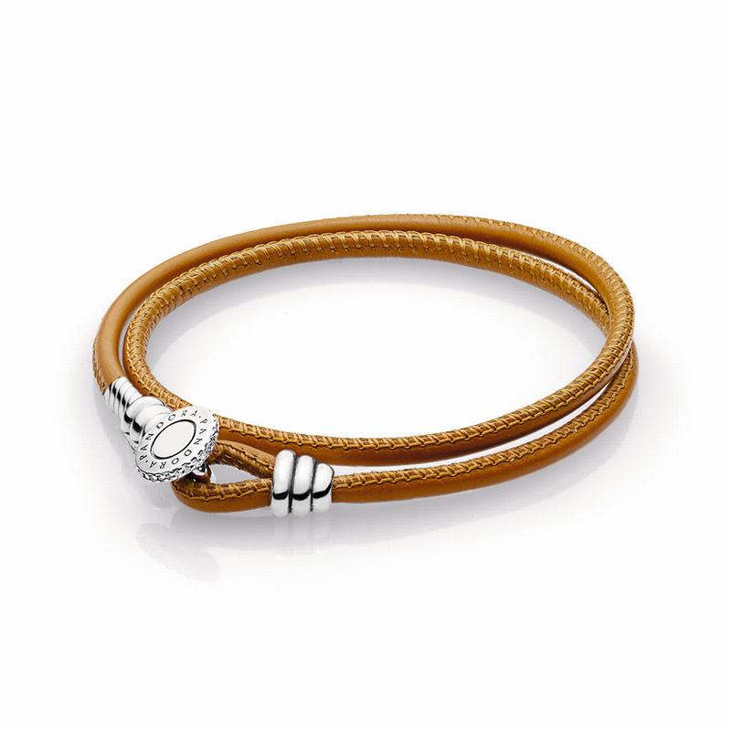 Pandora Golden Tan Double Leather Bracelet Ireland - Sterling Silver/Leather/Brown/Cubic Zirconia -